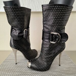 Authentic Giuseppe Zanotti Black Leather Silver Studded Buckle Stiletto Boots